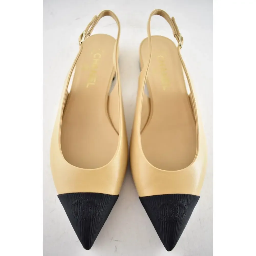 Chanel 24A Beige Leather Black CC Logo Coco Slingback Pointed Ballet Flat 38.5 - Picture 10 of 16